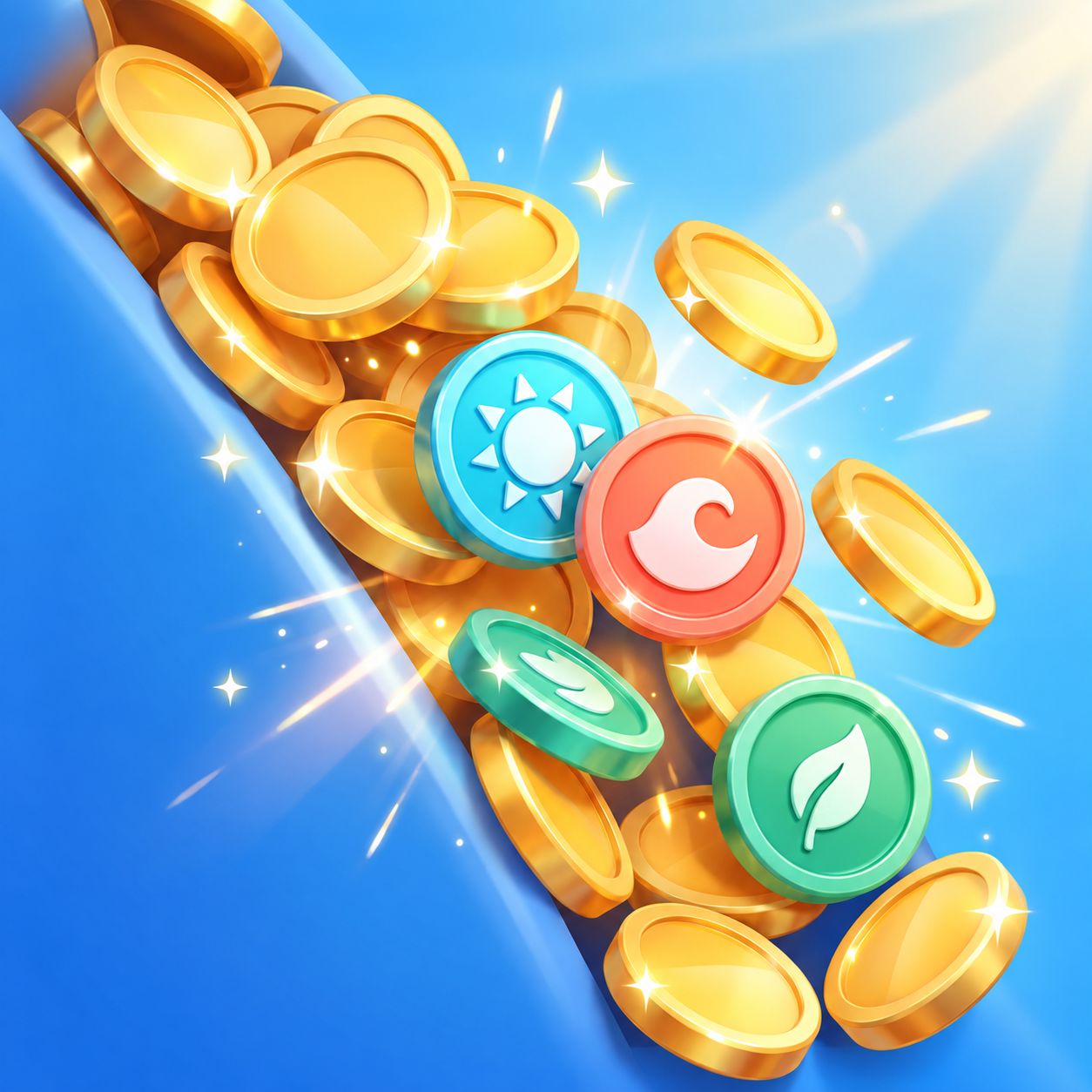Coin Tides app icon: gold and colourful special coins tumbling across a blue background