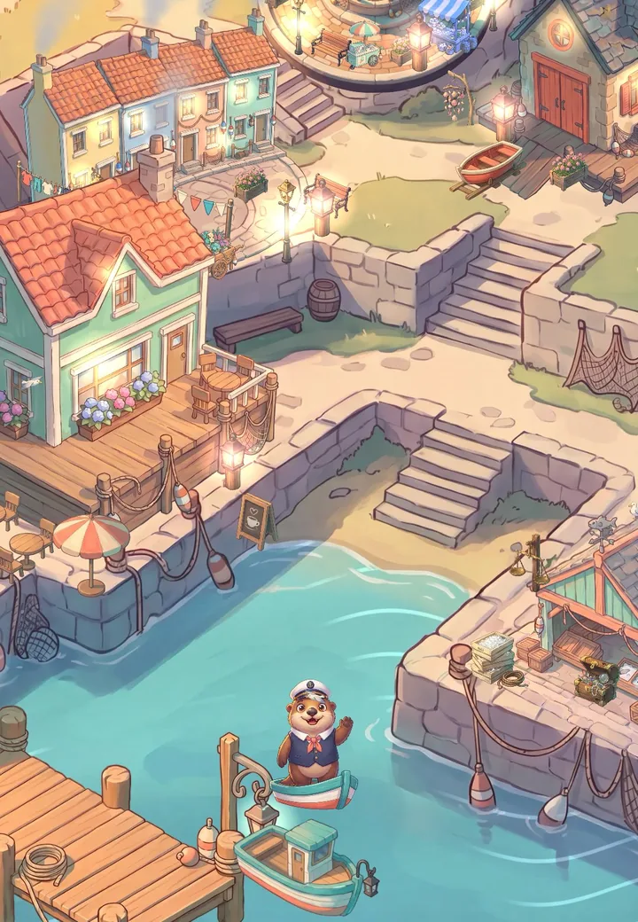 After: the same harbor in colour, with a café, lanterns and flowers