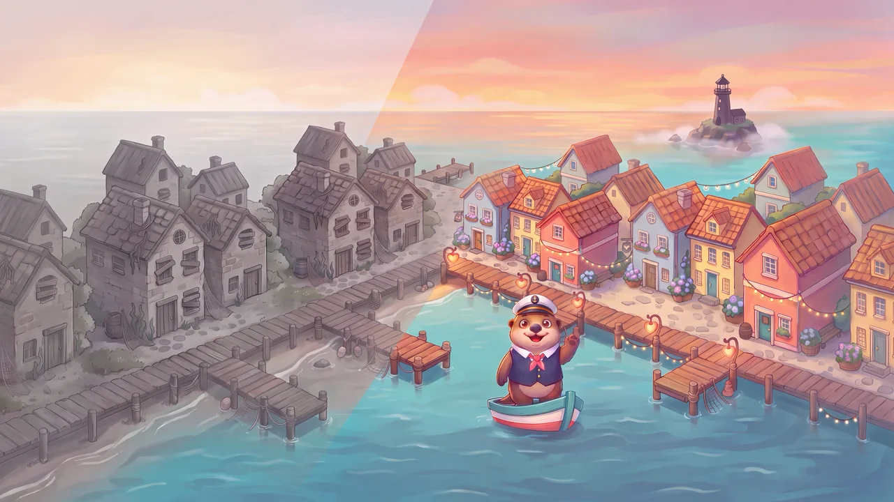 A grey, boarded-up harbor on the left turns into a colourful town at sunset on the right, with a sea otter captain waving from his rowing boat and a lighthouse on an island far out at sea