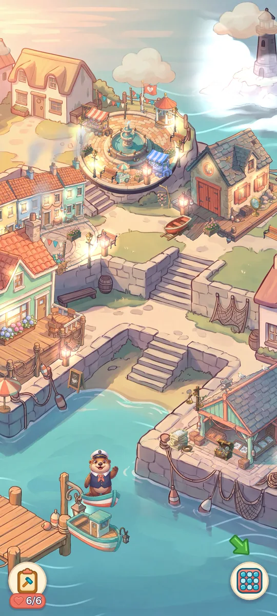 The whole harbor awake at sunset: lanterns lit, colourful houses and the lighthouse island in the distance