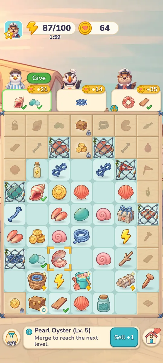 The merge board: a grid of shells, rope, coins and sea glass, with three neighbours’ orders above it