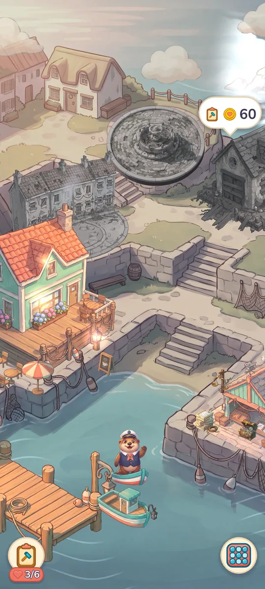 The harbor town half restored: three buildings in colour among grey, boarded-up ones